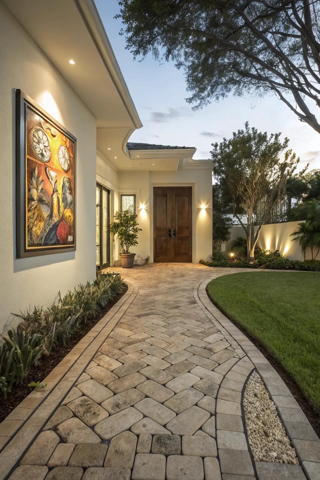 Art transforms this interlocking entrance into a captivating focal point.