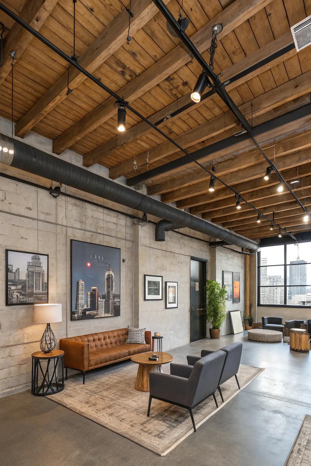 An industry-style room where rough-sawn fir ceilings meet metal elements.