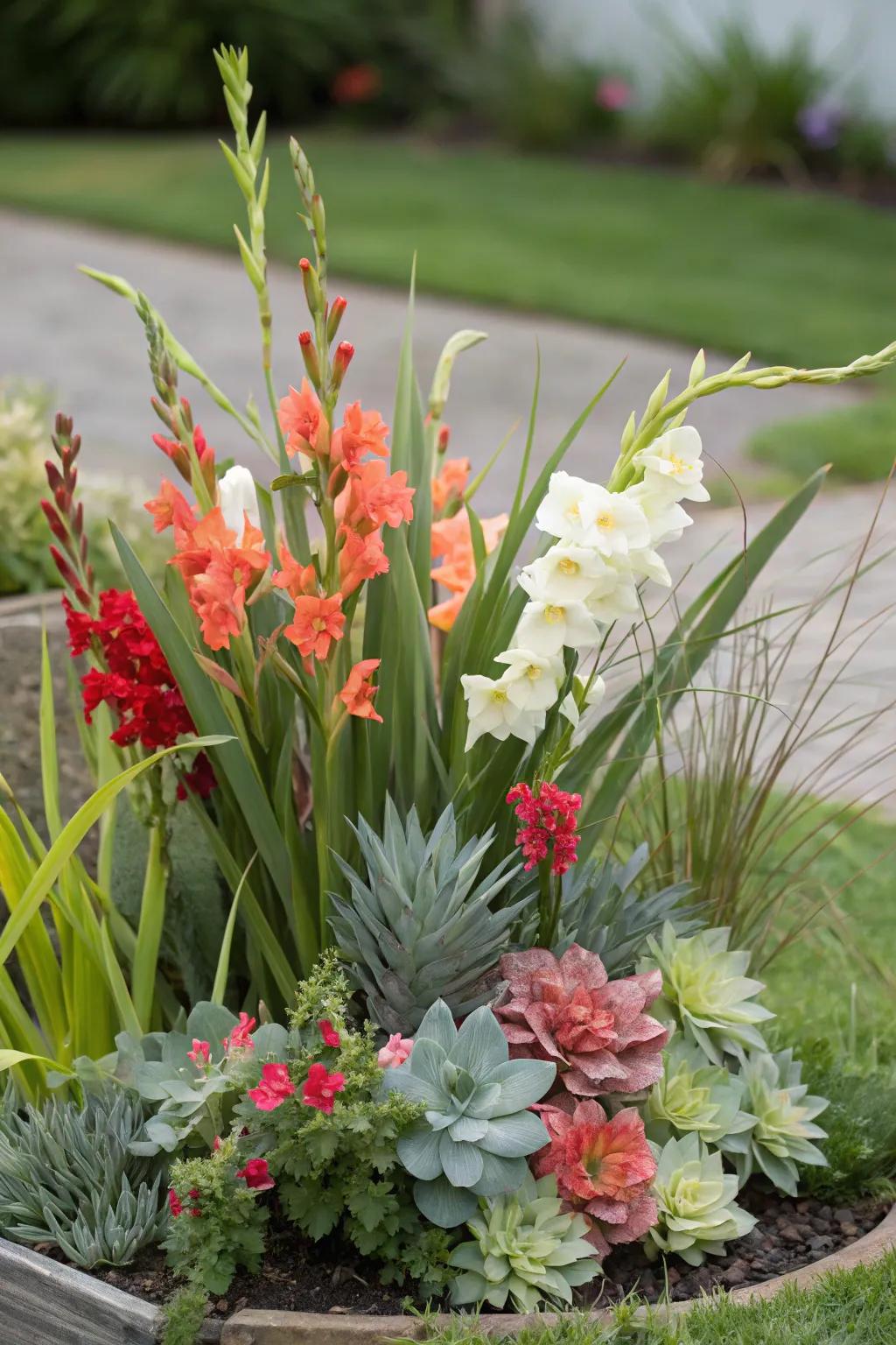 Gladiolus paired with unexpected elements like grasses and succulents.