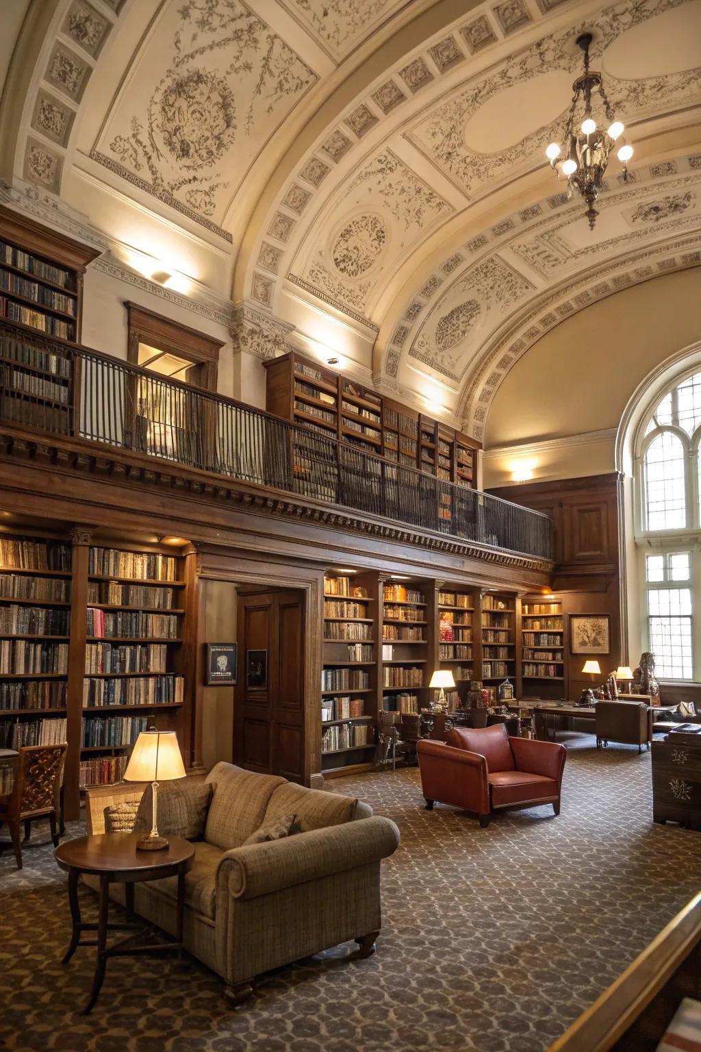A cozy library featuring broad crown molding, delivering a classic and refined reading space.