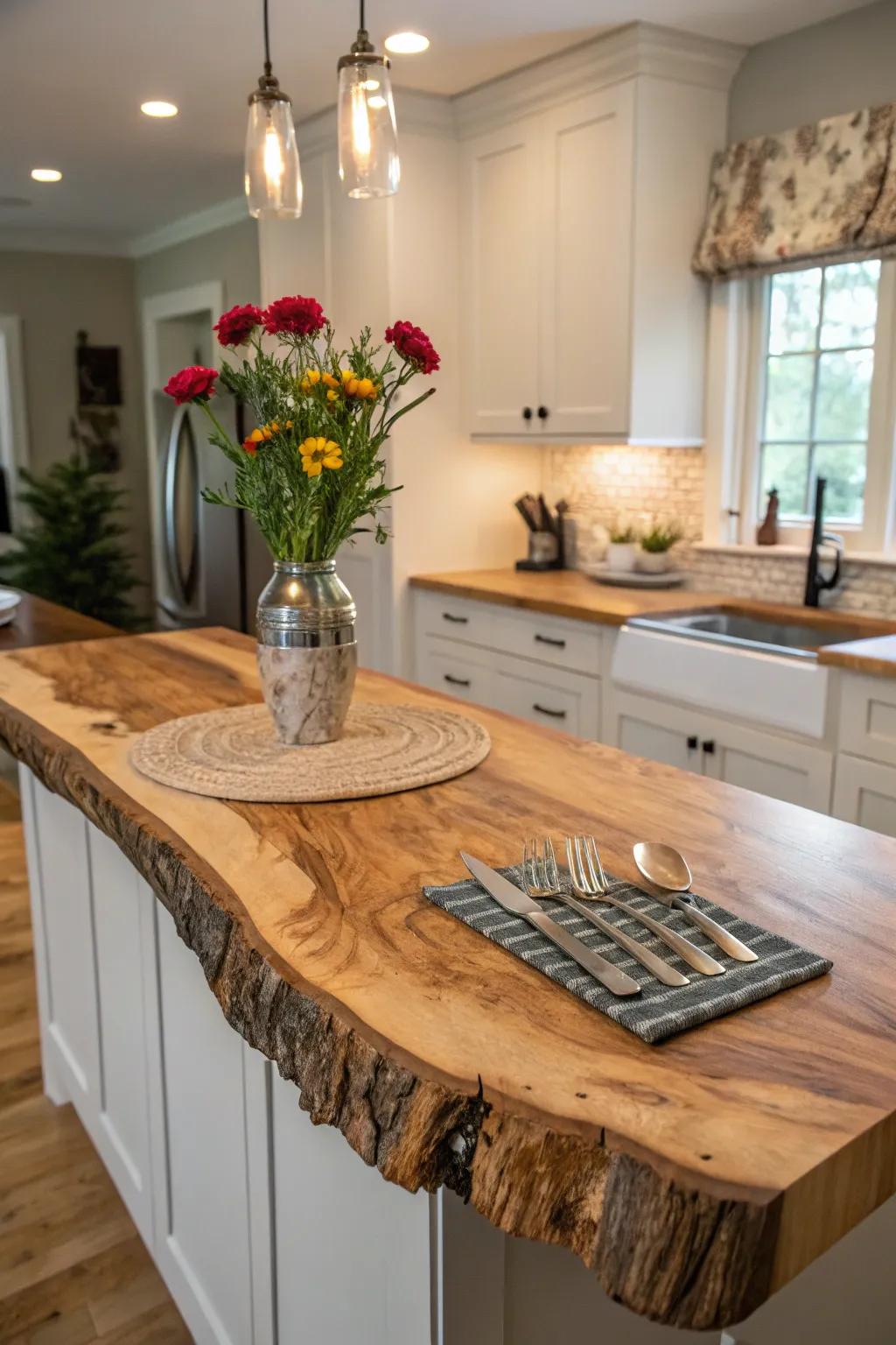 A custom-shaped raw edge countertop tailored to a unique kitchen space.