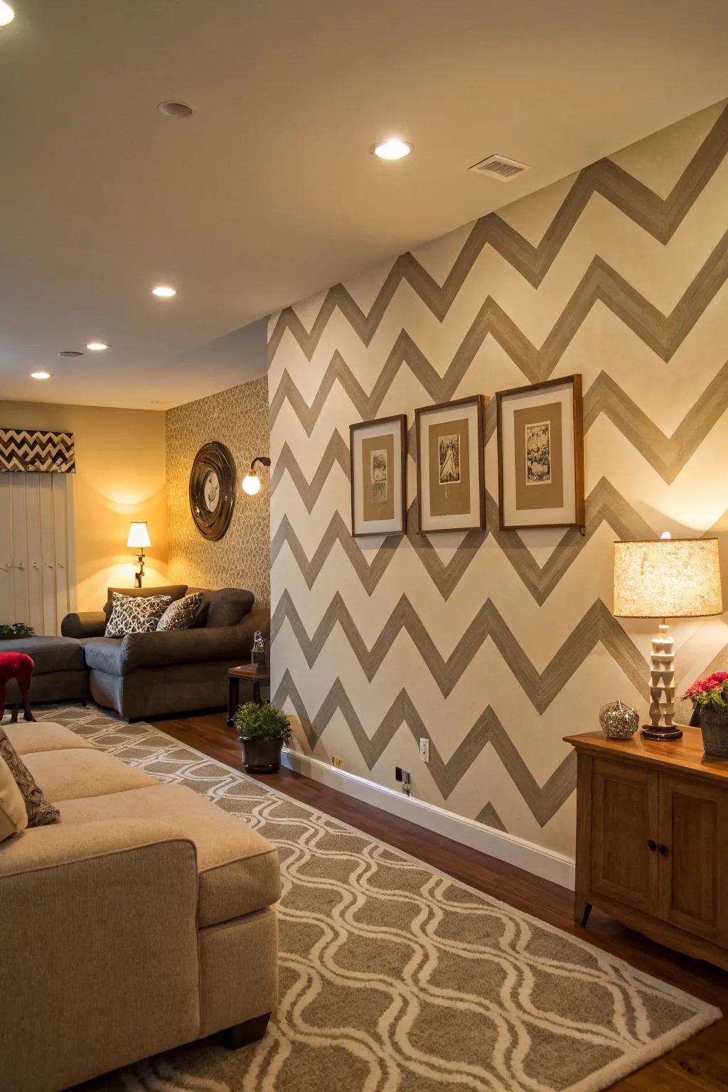 A chevron pattern adds dynamic movement to this living room's accent wall.