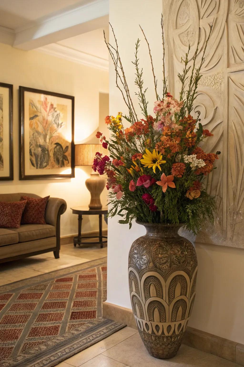 Combine a sizable vessel with art pieces for a cohesive living room statement.
