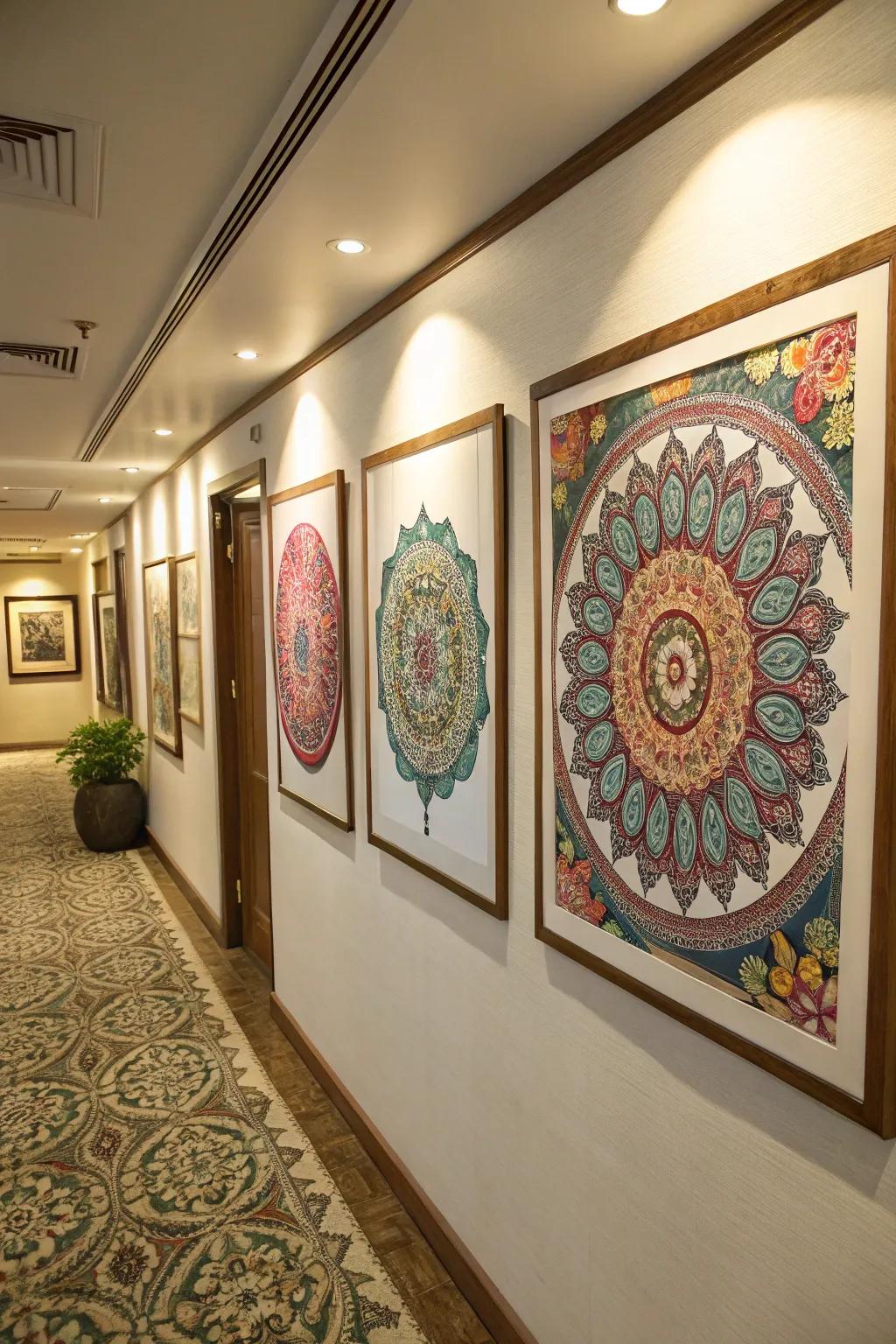 Pattern needlework art adding handcrafted charm to a hallway.