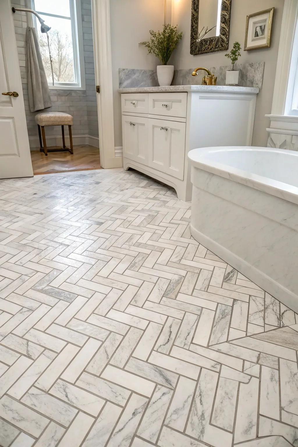 Herringbone marble porcelain tiles add rhythm and sophistication.