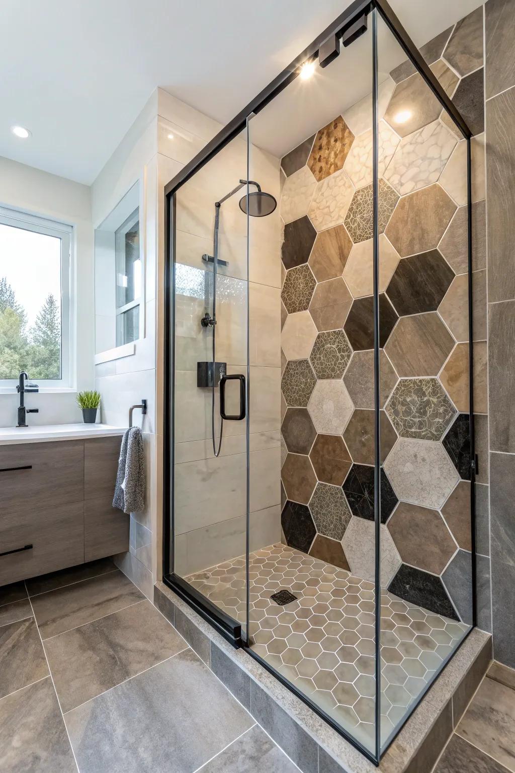 A shower featuring innovative hexagonal tiles for a fresh, stylish look.