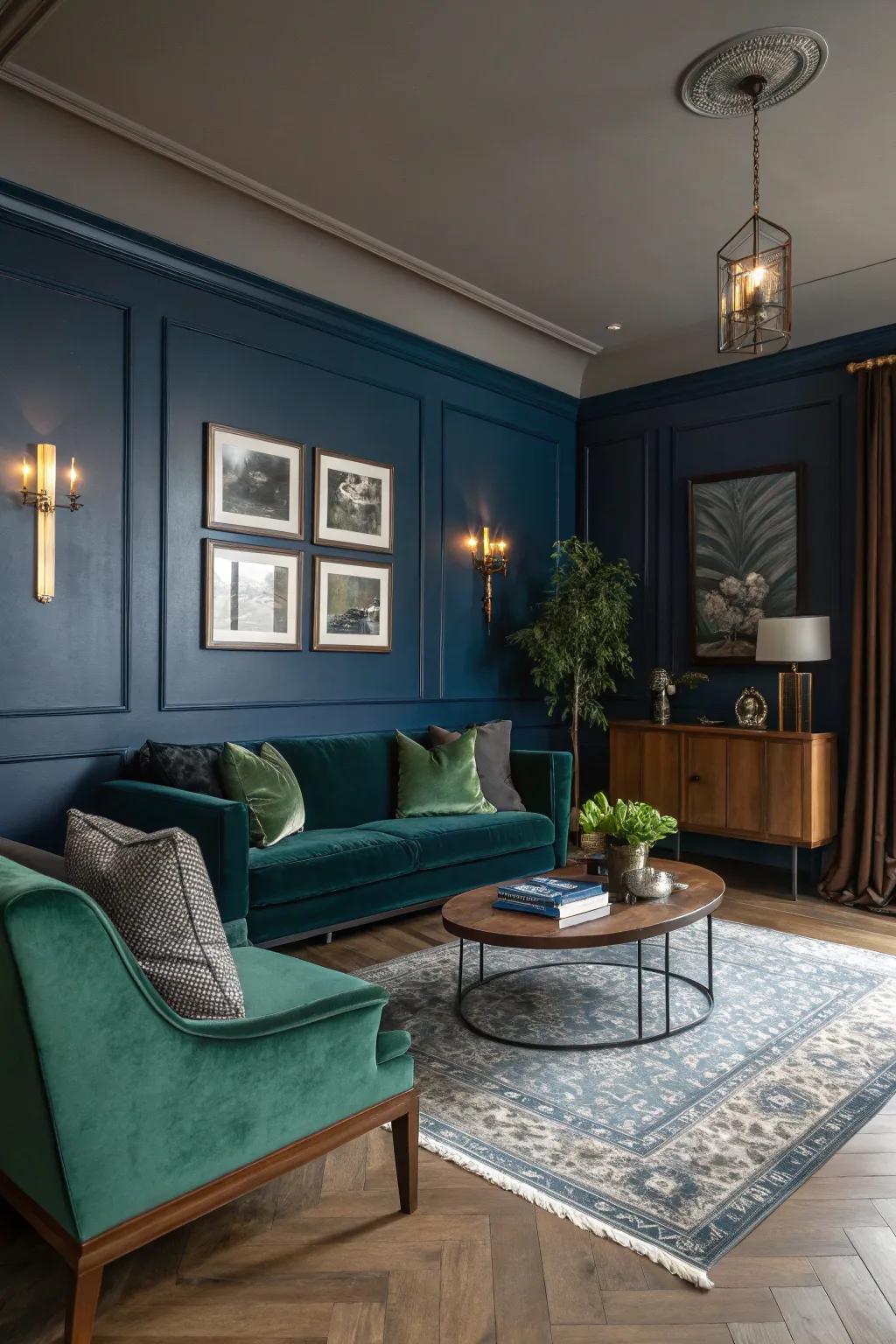 Moody tones like deep blue and forest green create a sophisticated ambiance in this mid-century modern living room.