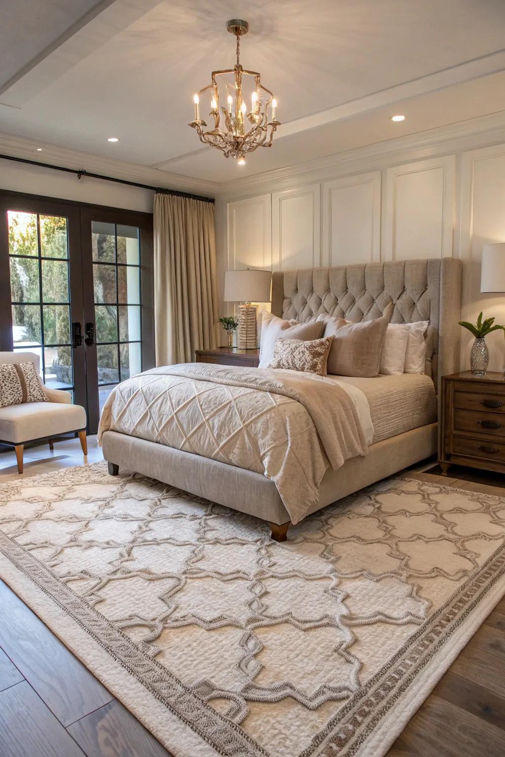 This contemporary bedroom gains depth and warmth from layered rugs.