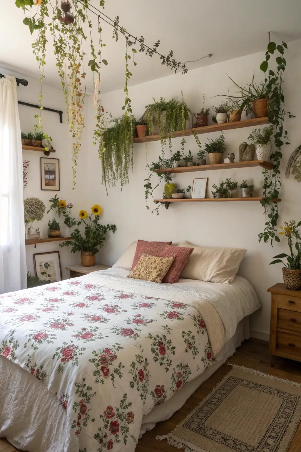 A bedroom with plant life and wilted blossoms.
