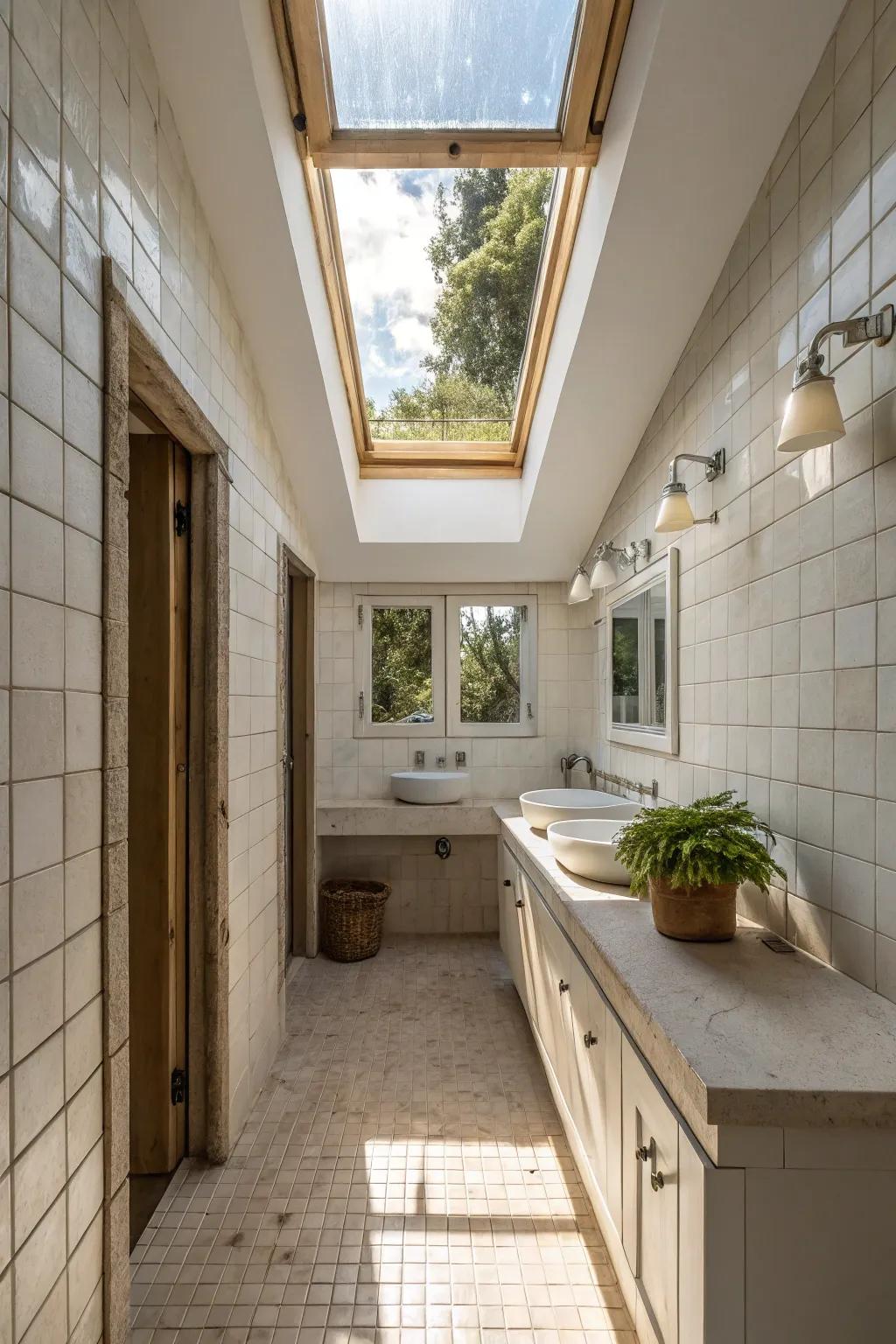 Skylights infuse narrow bathroom designs with light and elegance.