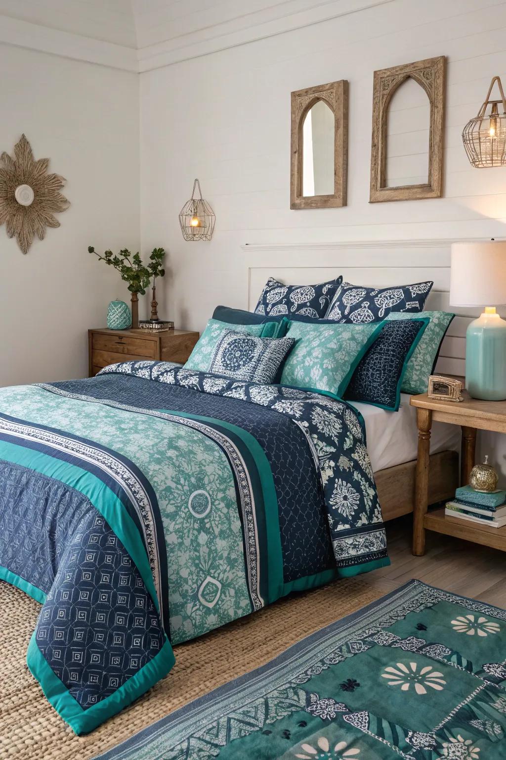 You can create a vibrant, dynamic energy in your bedroom by combining designs.