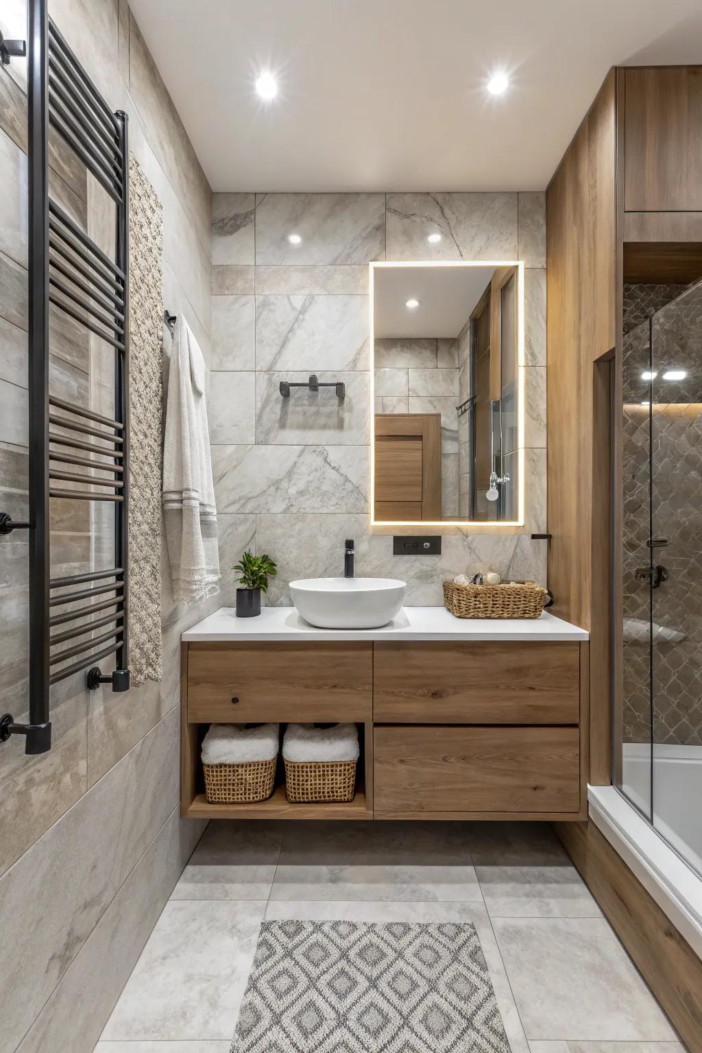 An eclectic mix of textures adds depth to the neutral bathroom.