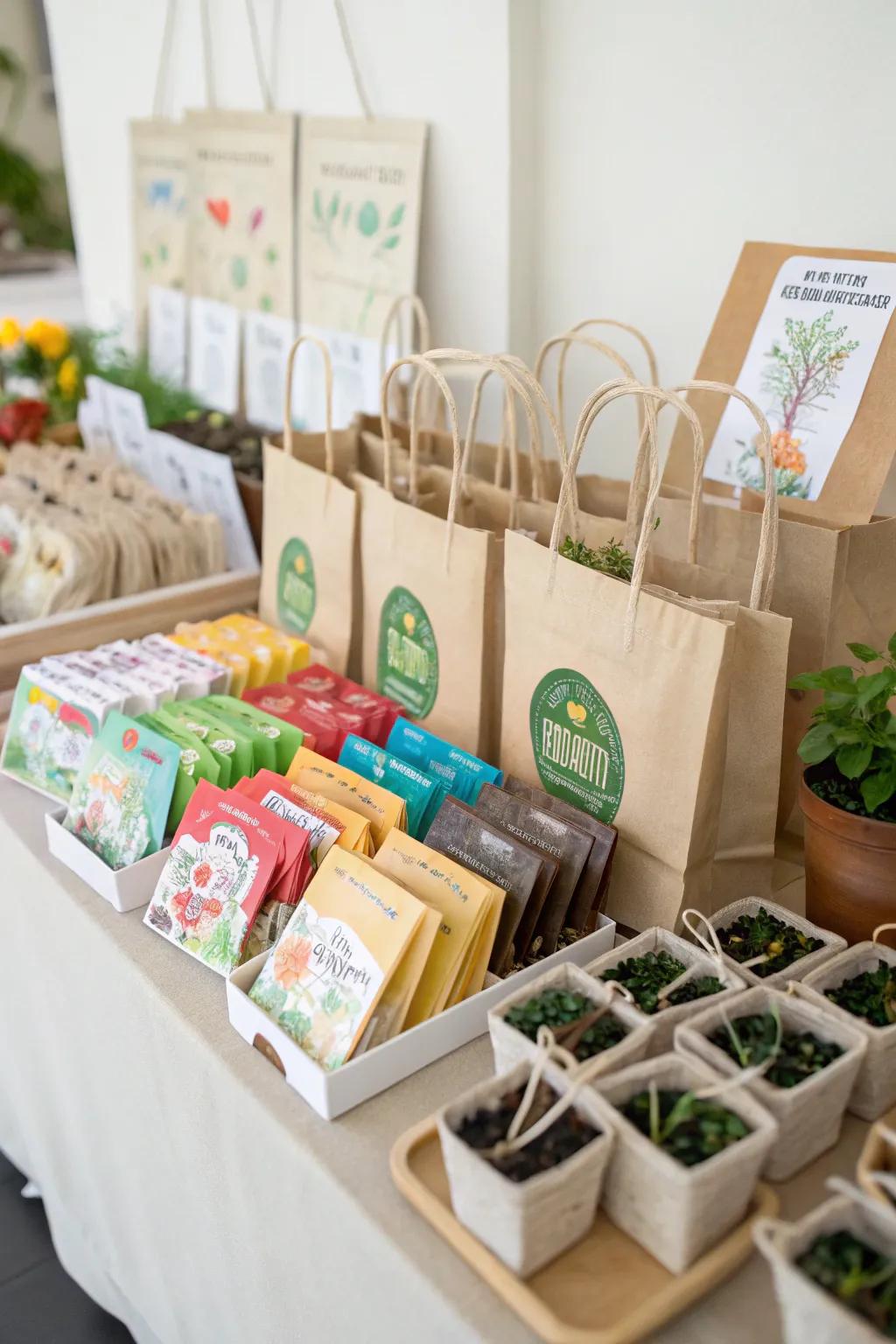 Eco-friendly favors like seed packets and reusable bags.