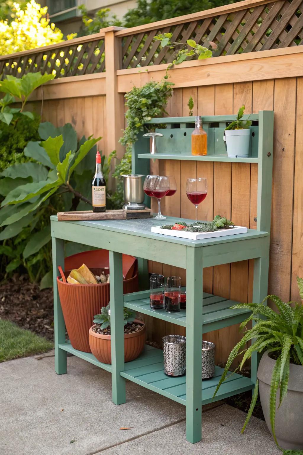 A DIY outdoor bar created from a repurposed potting bench.
