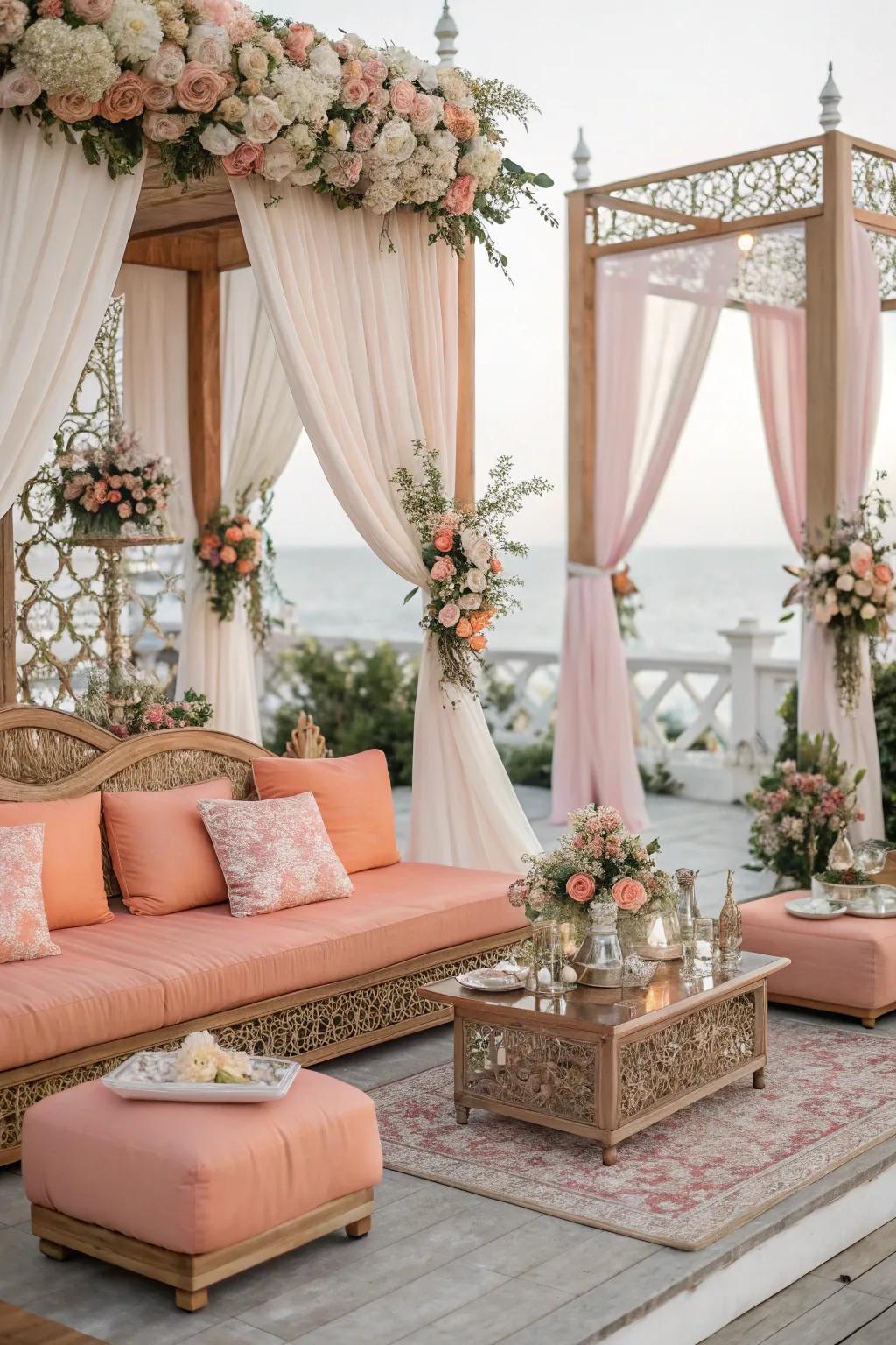 Chic peach seat arrangements for a cohesive theme.