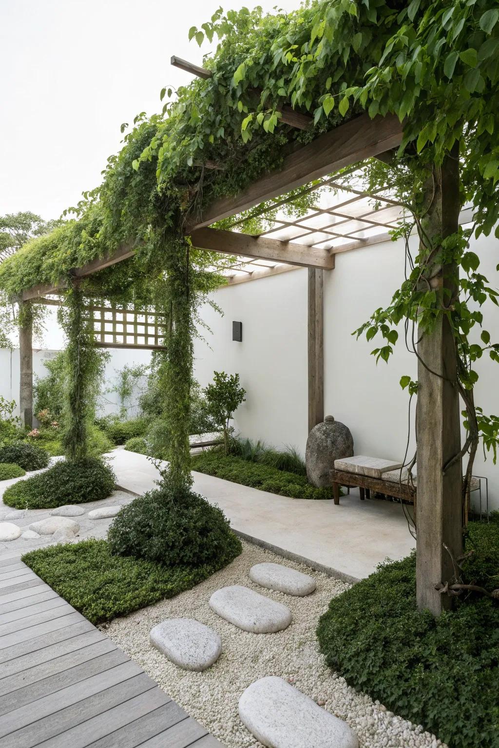 A Zen garden pergola provides a calm haven for contemplation.