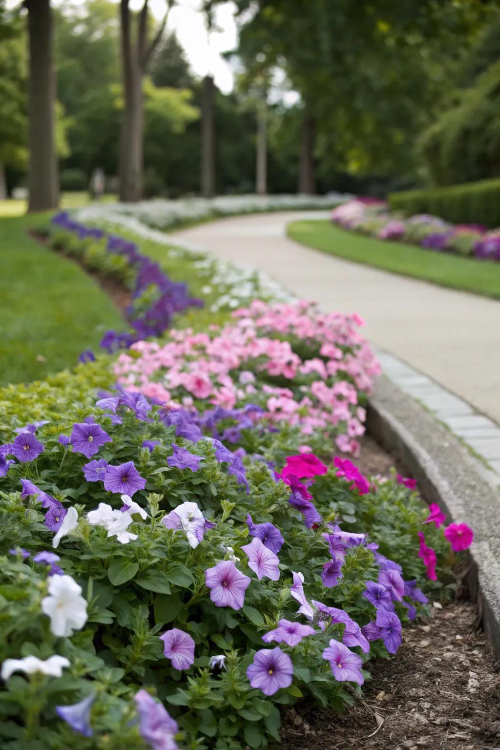 Emerald cascade presents lush groundcover enchantment beneath vibrant petunias.