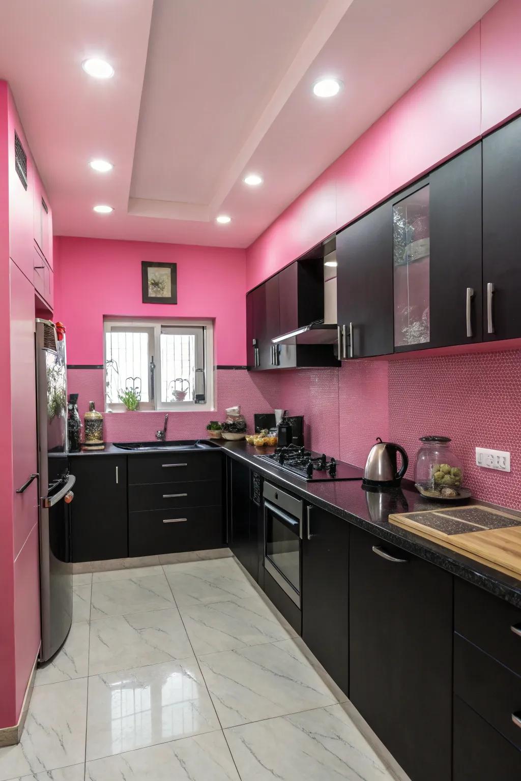 Pink walls add warmth and vibrancy to the kitchen.