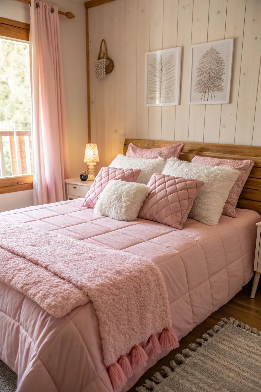 A rosy-inspired bedroom that's a festive retreat.