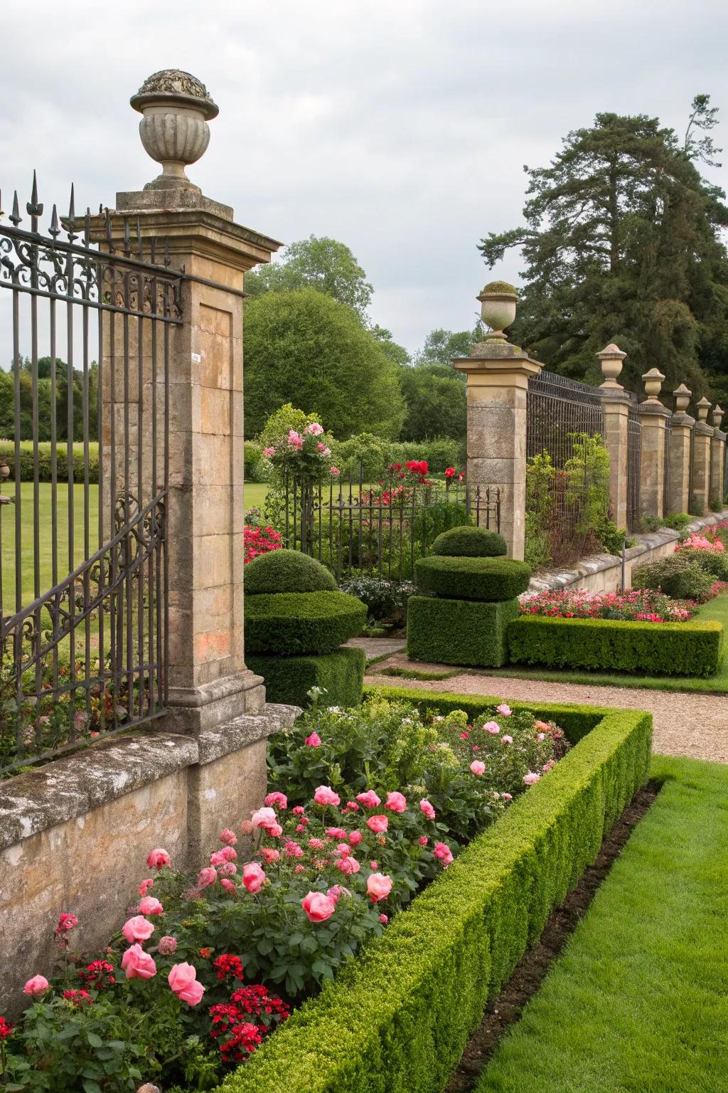 Stone and iron fences merge classic beauty with strength.