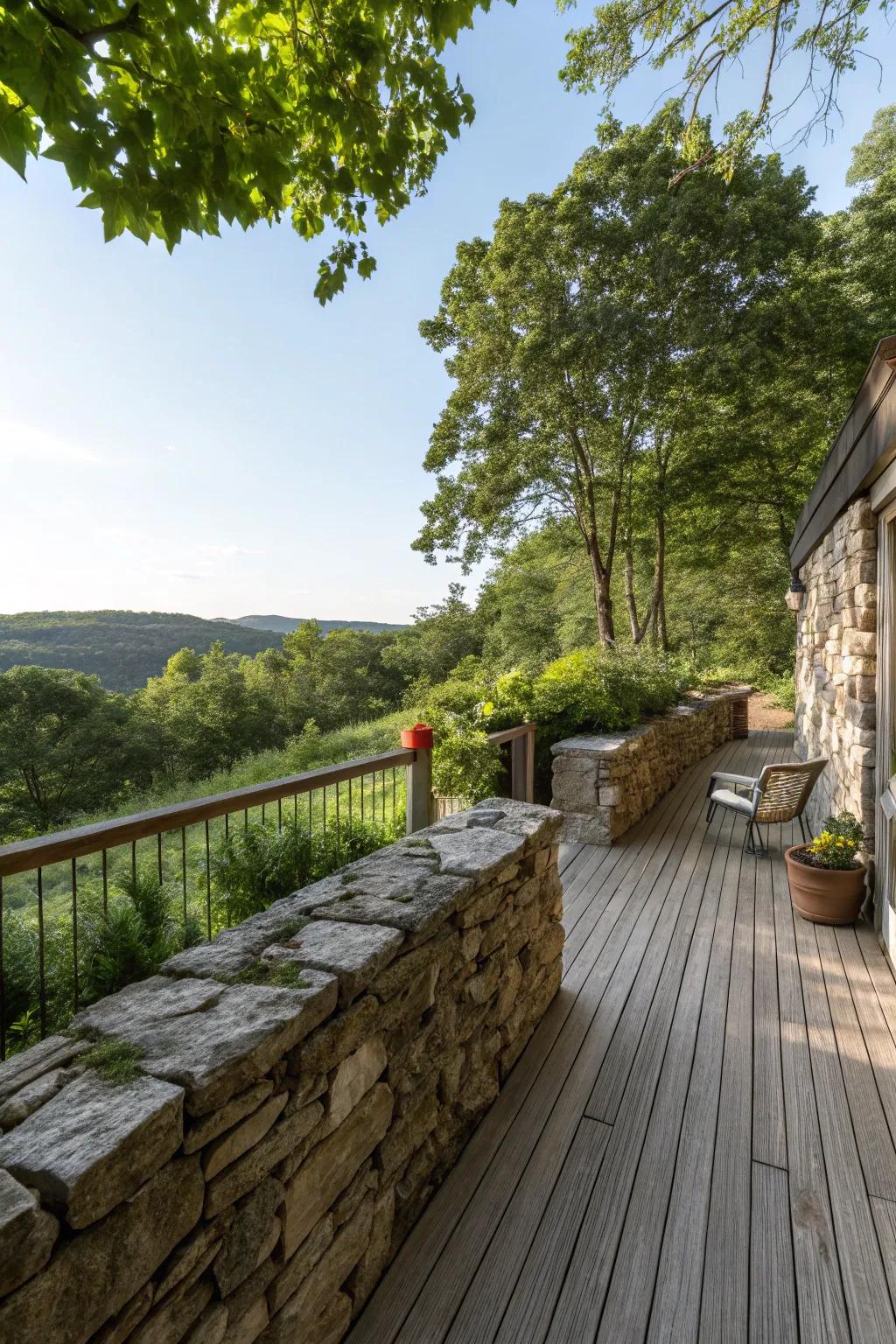 A countryside stone wall adds solitude and charm to a deck.