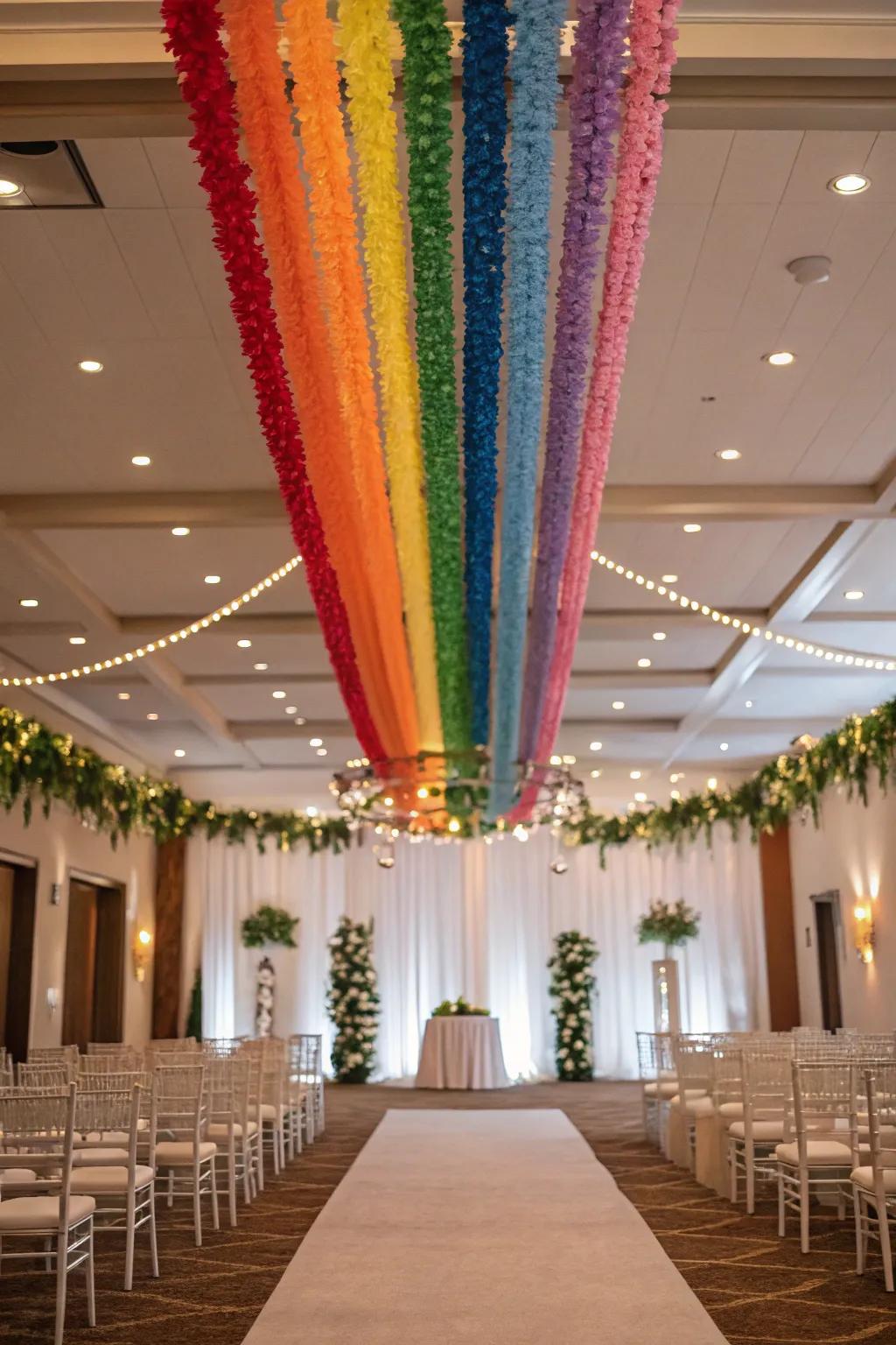 A wedding location adorned with suspended rainbow streamers.