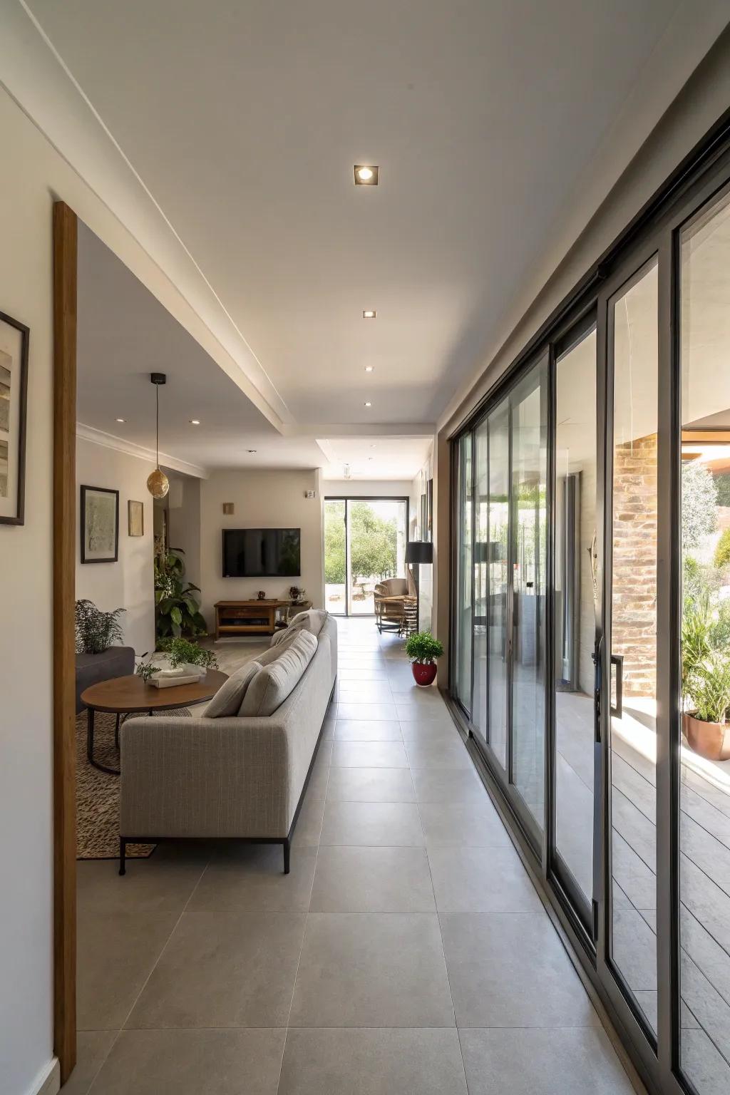 Sliding doors conserve area and enhance versatility in confined layouts.