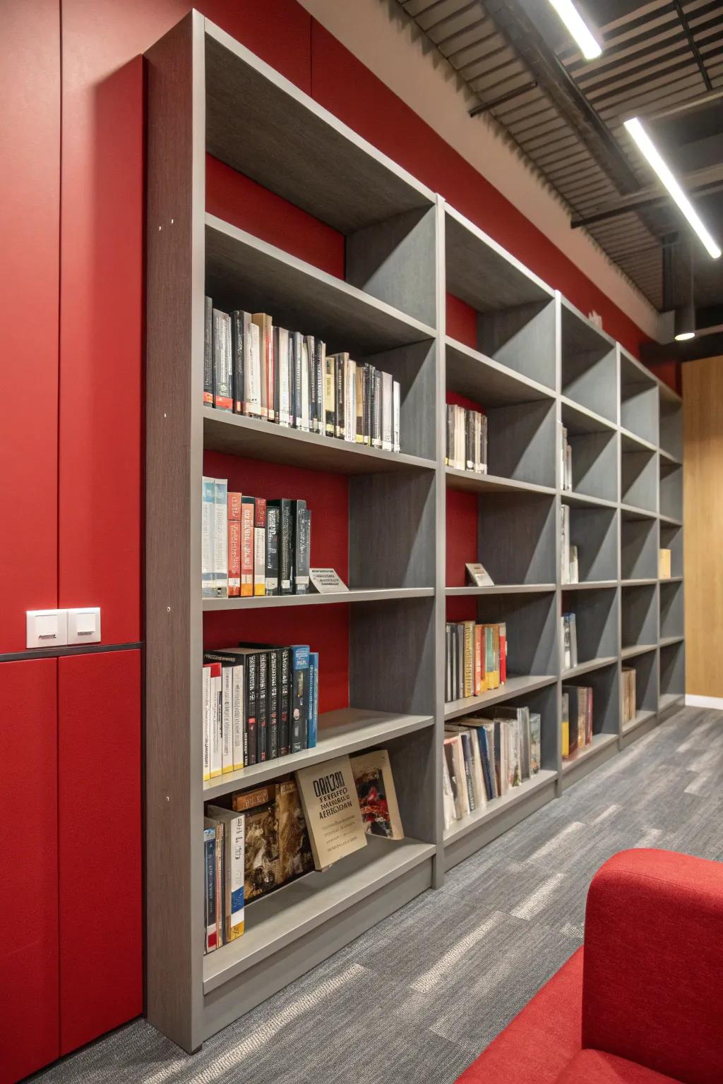 Bookshelves with scarlet backing and silver shelves create a daring impression.