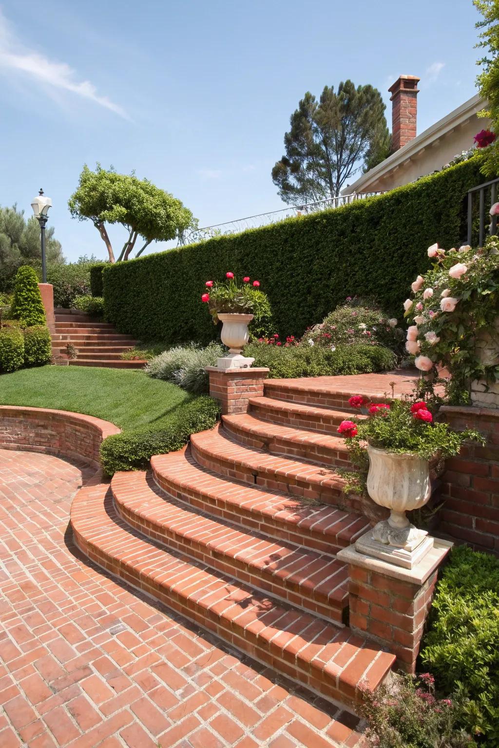 A red brick patio featuring graceful steps for depth