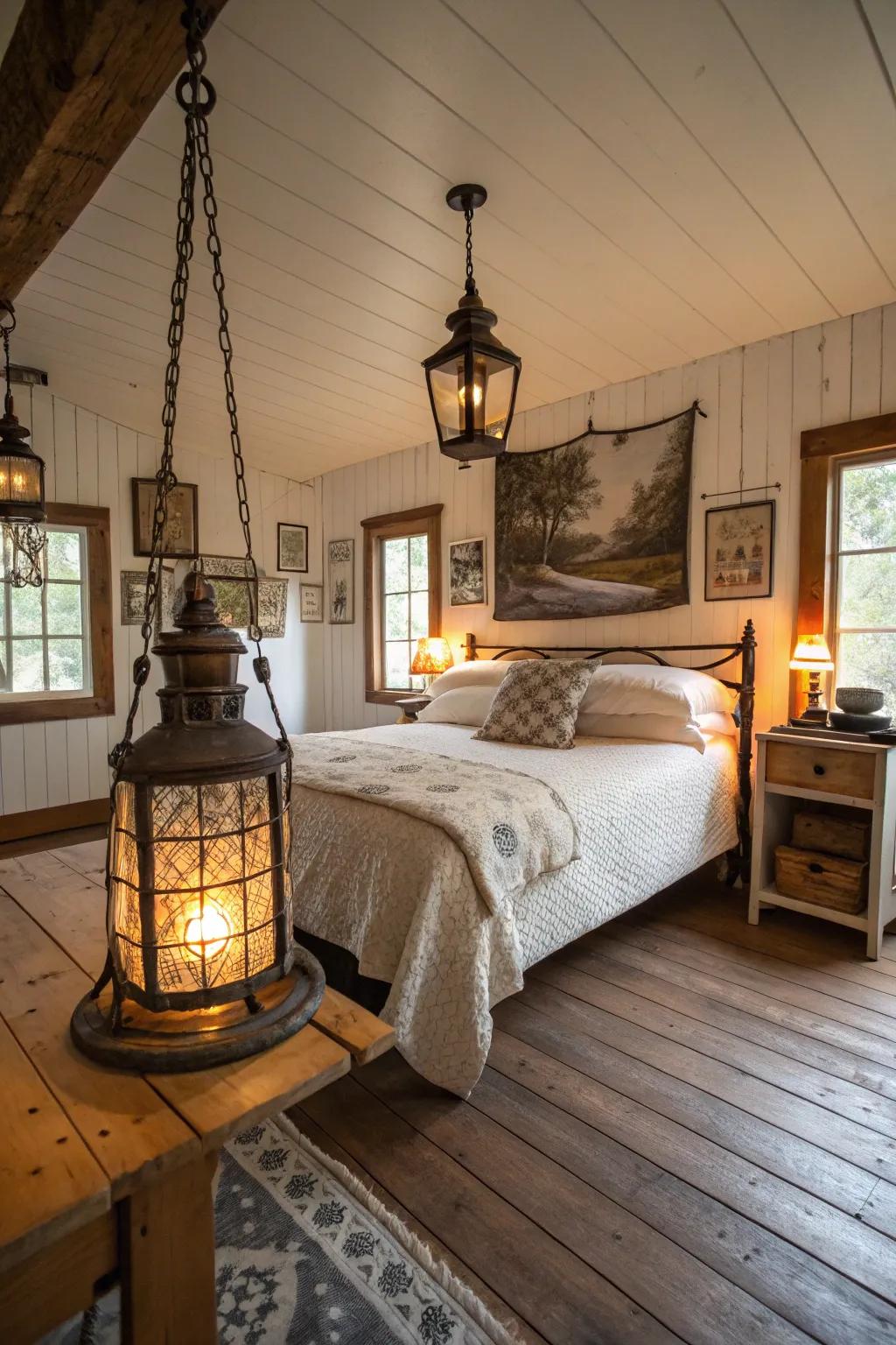 Rustic lights afford a cozy radiance.