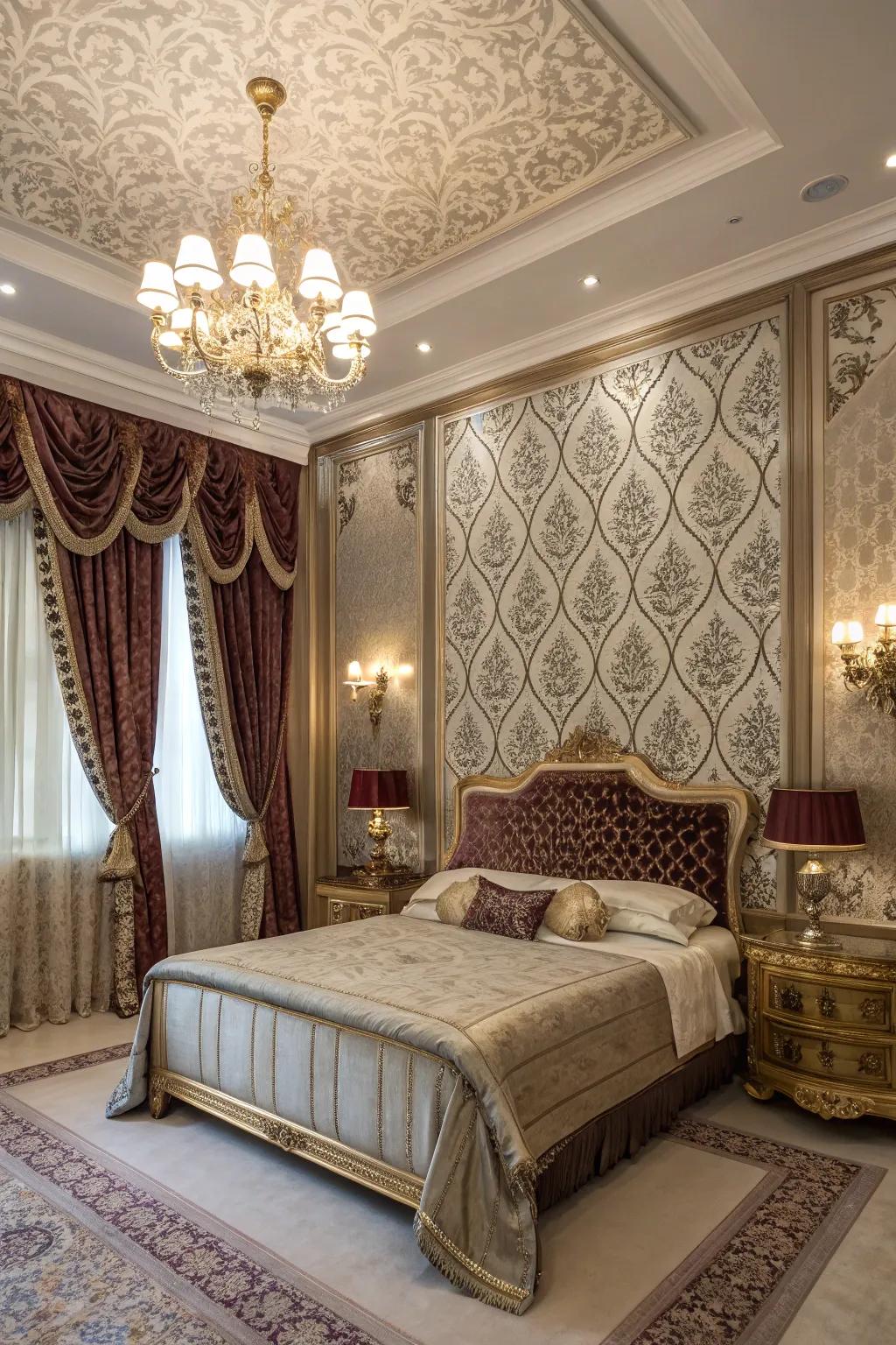 Intricate wallpaper sets a regal tone in this opulent bedroom.