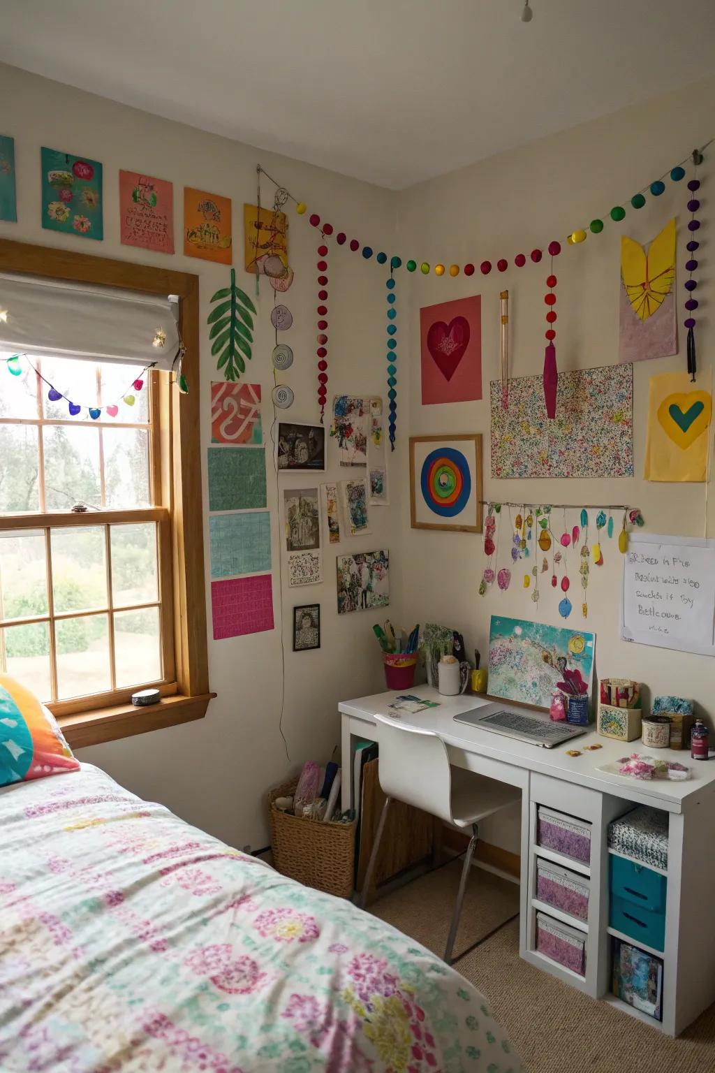DIY art projects add a personal and creative touch to the room.