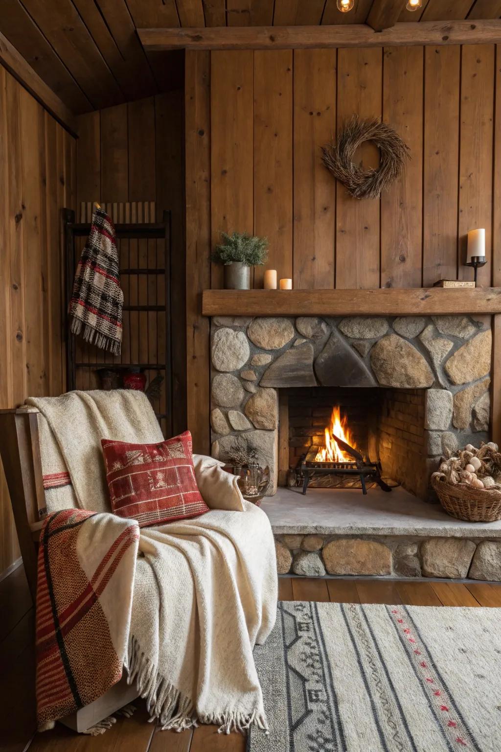 Vertical wood paneling adds height and drama to this rustic fireplace.
