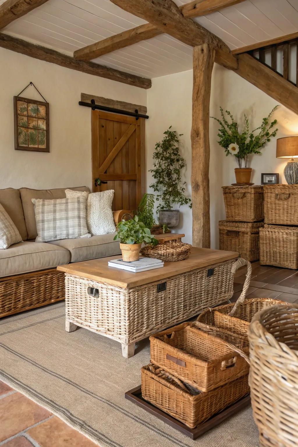 Wicker containers enhance the countryside aesthetic with practical storage.