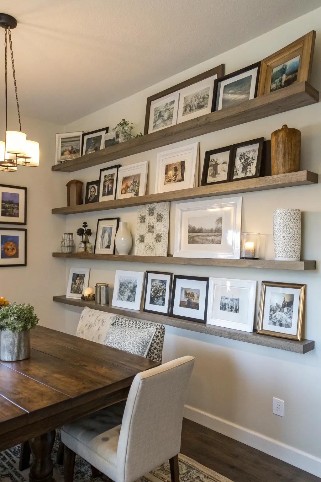A gallery wall of art and photos on dining room shelves.
