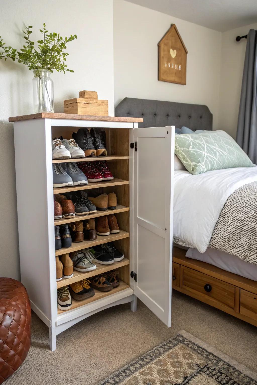 Utilize a bedside armoire for stylish and functional shoe storage.