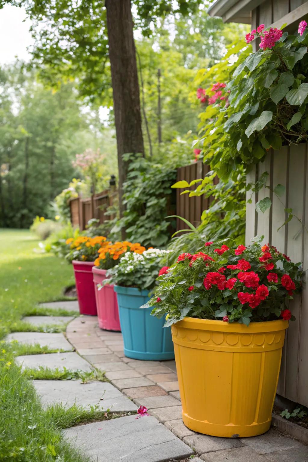 Bright containers add vibrant color and personality to any side yard.