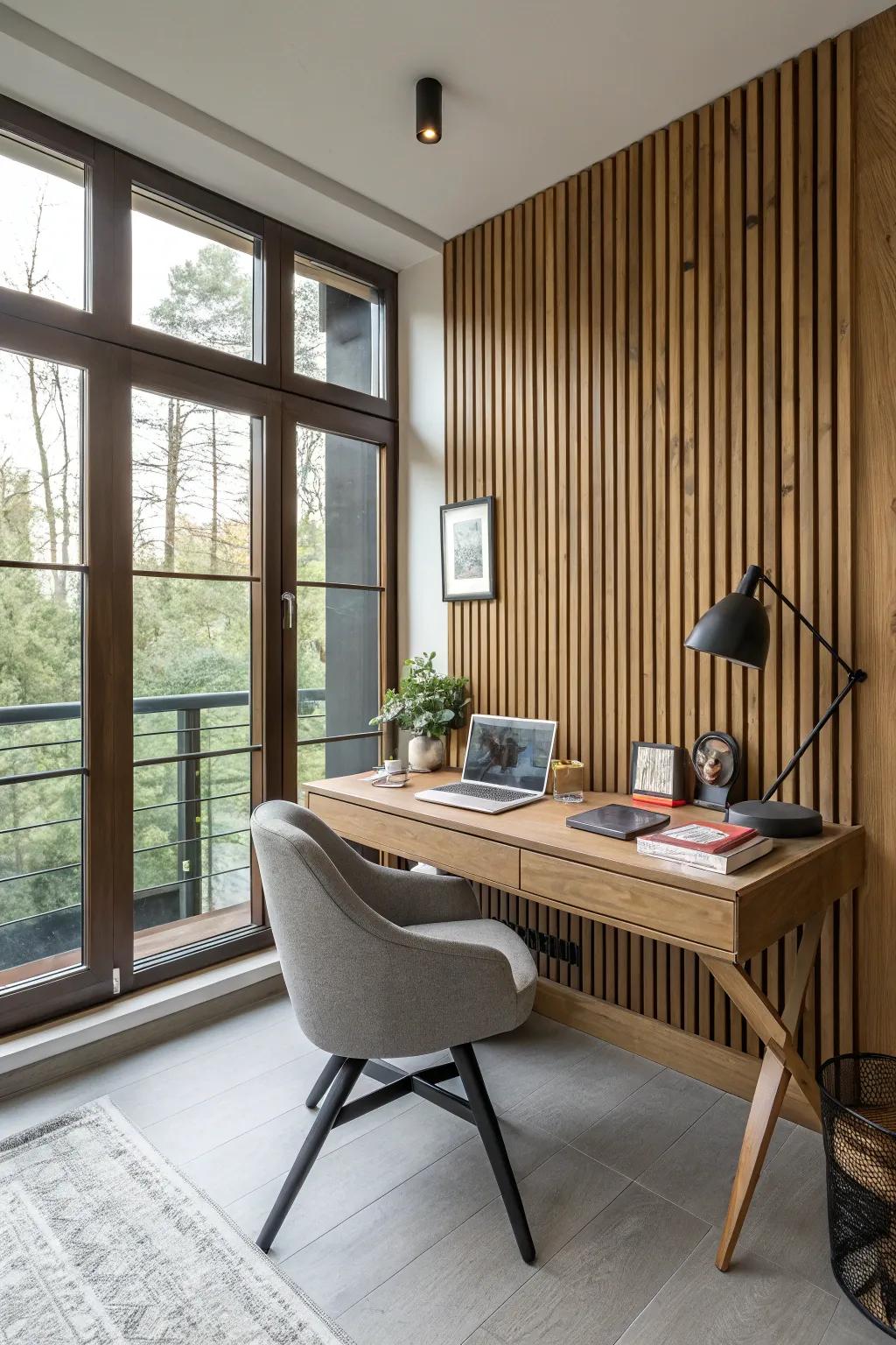 A home office featuring a wood slat accent that enhances the workspace.