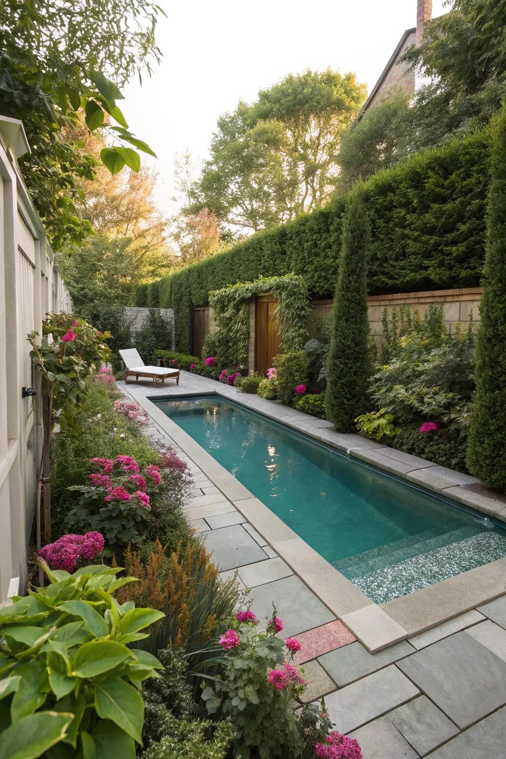 Lush landscaping around a mini pool for added privacy.