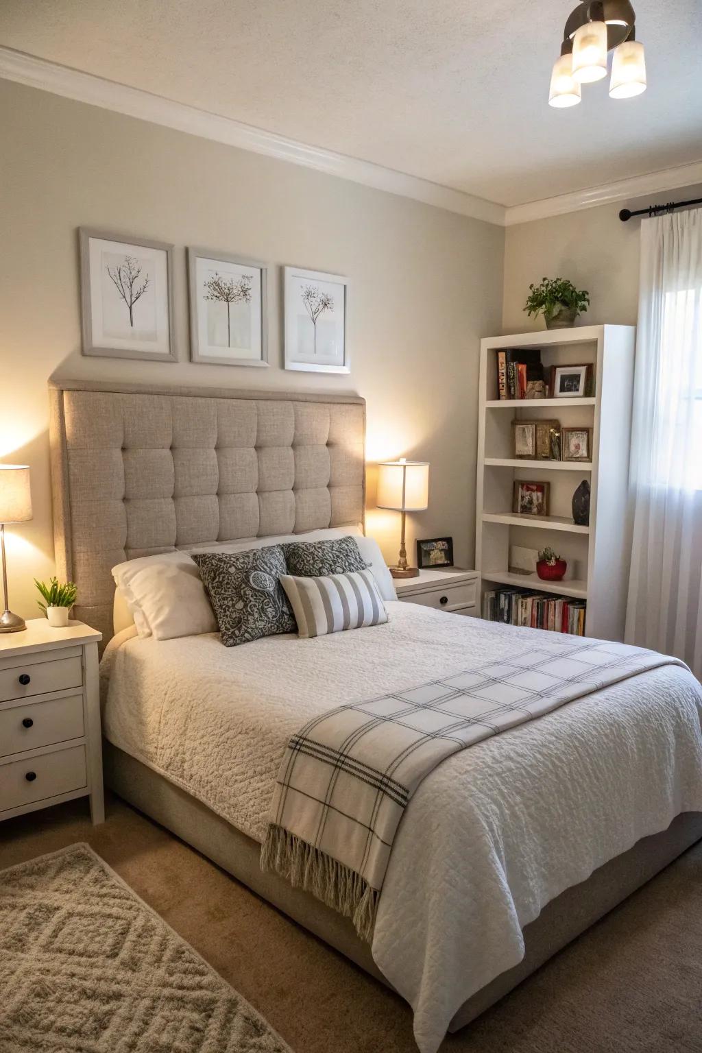 A small bedroom with an extended headboard that enhances the visual sense of width.
