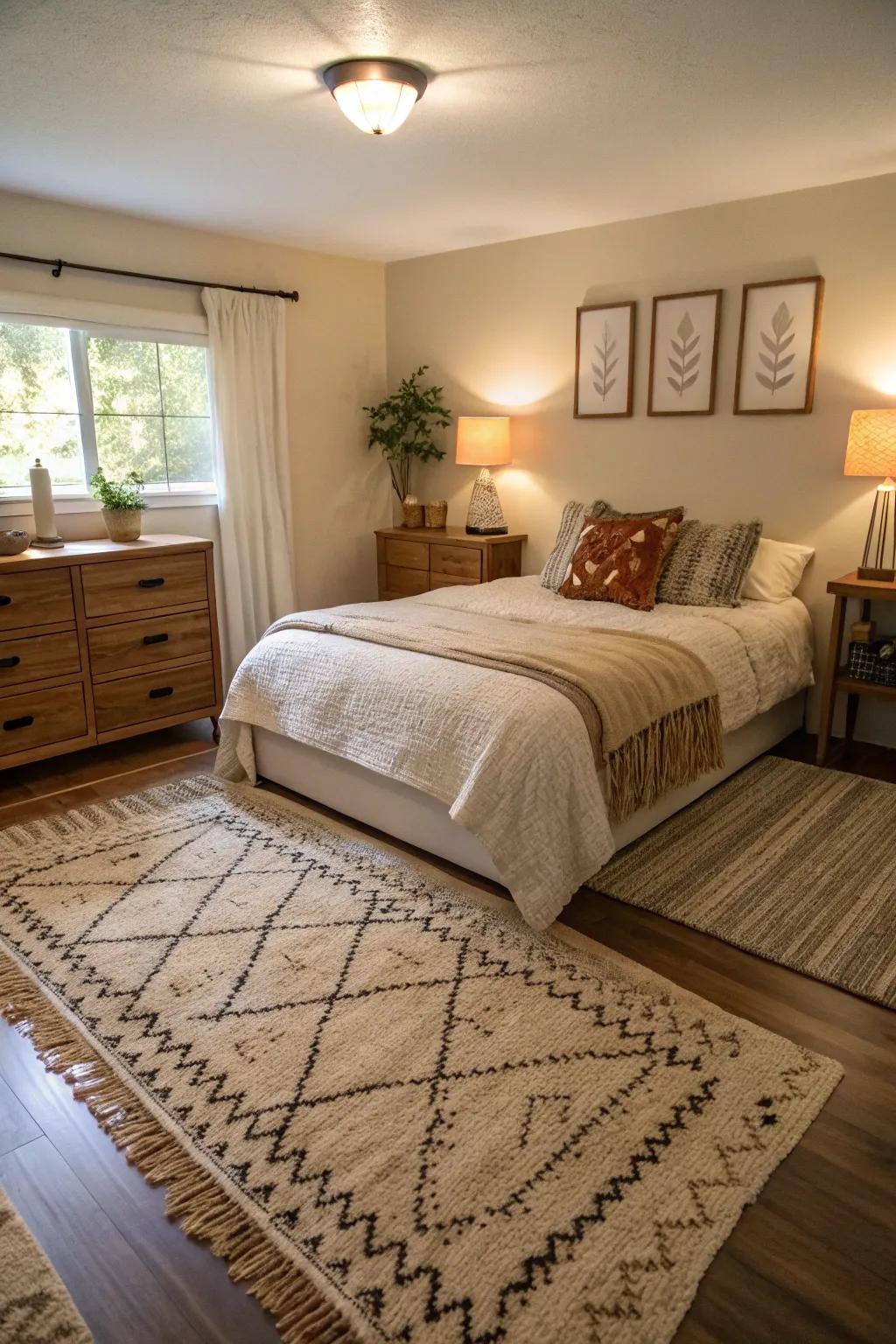 Layered floor coverings contribute texture in a compact primary bedroom.