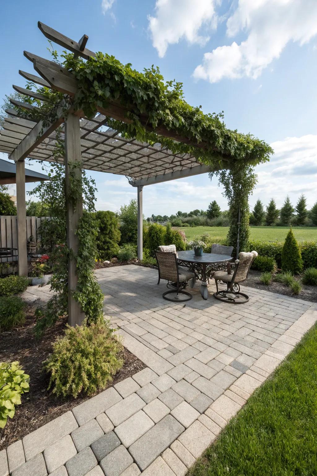 A sumptuous pergola elevates the compact patio encounter.
