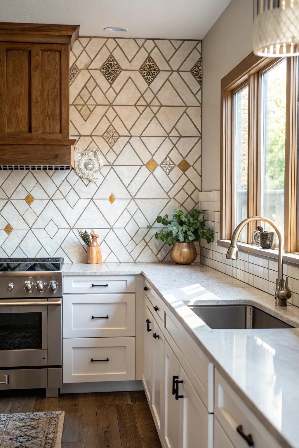 Rhomboid composition tiles add geometric interest and elegance.