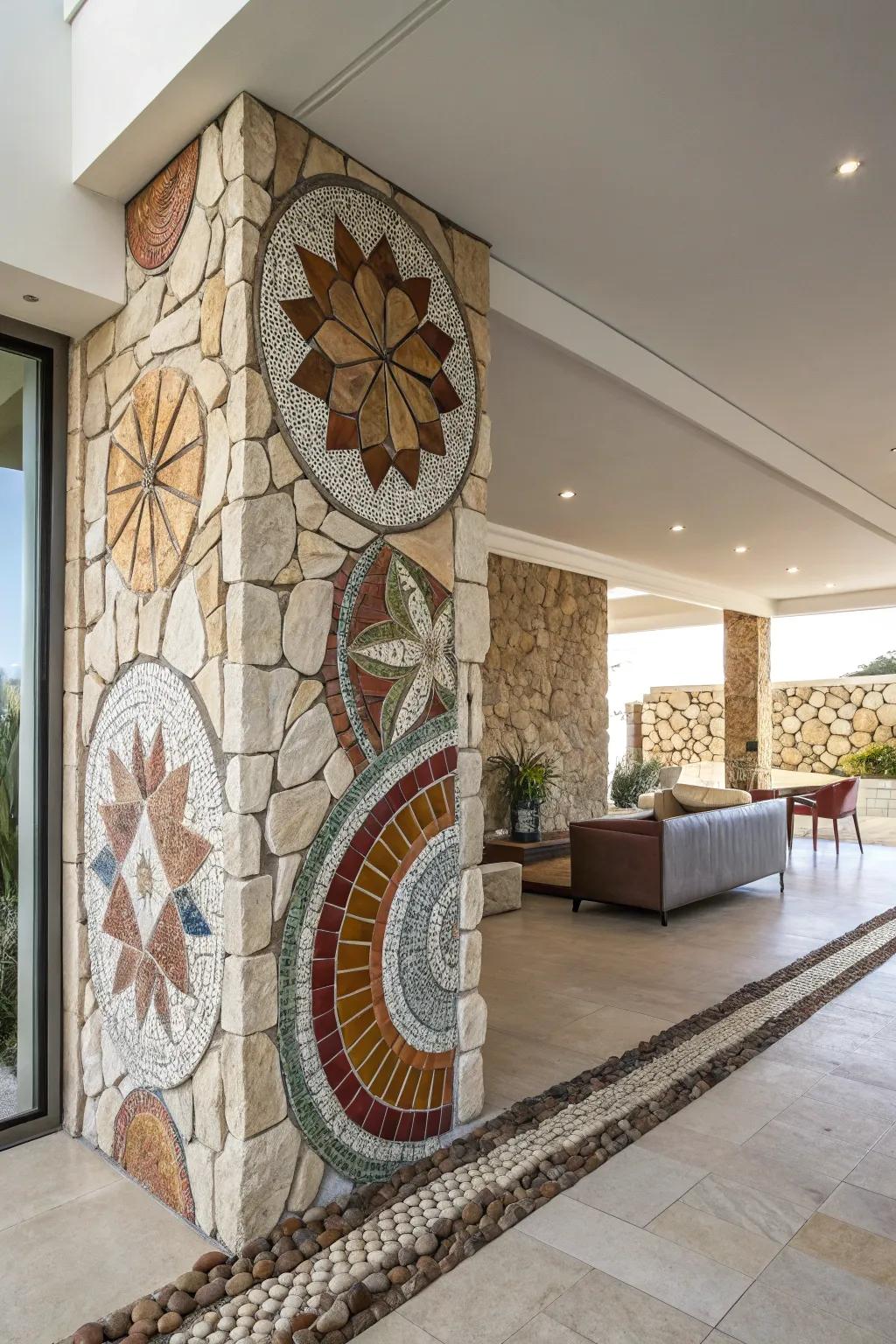 A home enriched by the creative flair of rock mosaics.