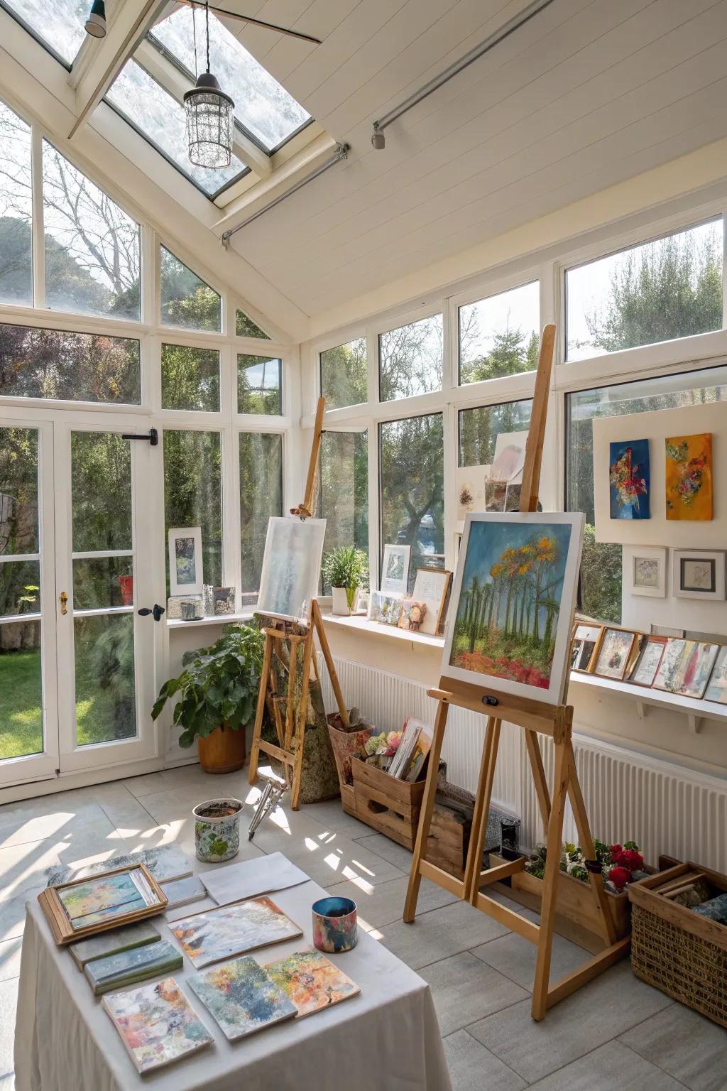 An artistic studio sunroom bathed in natural light.