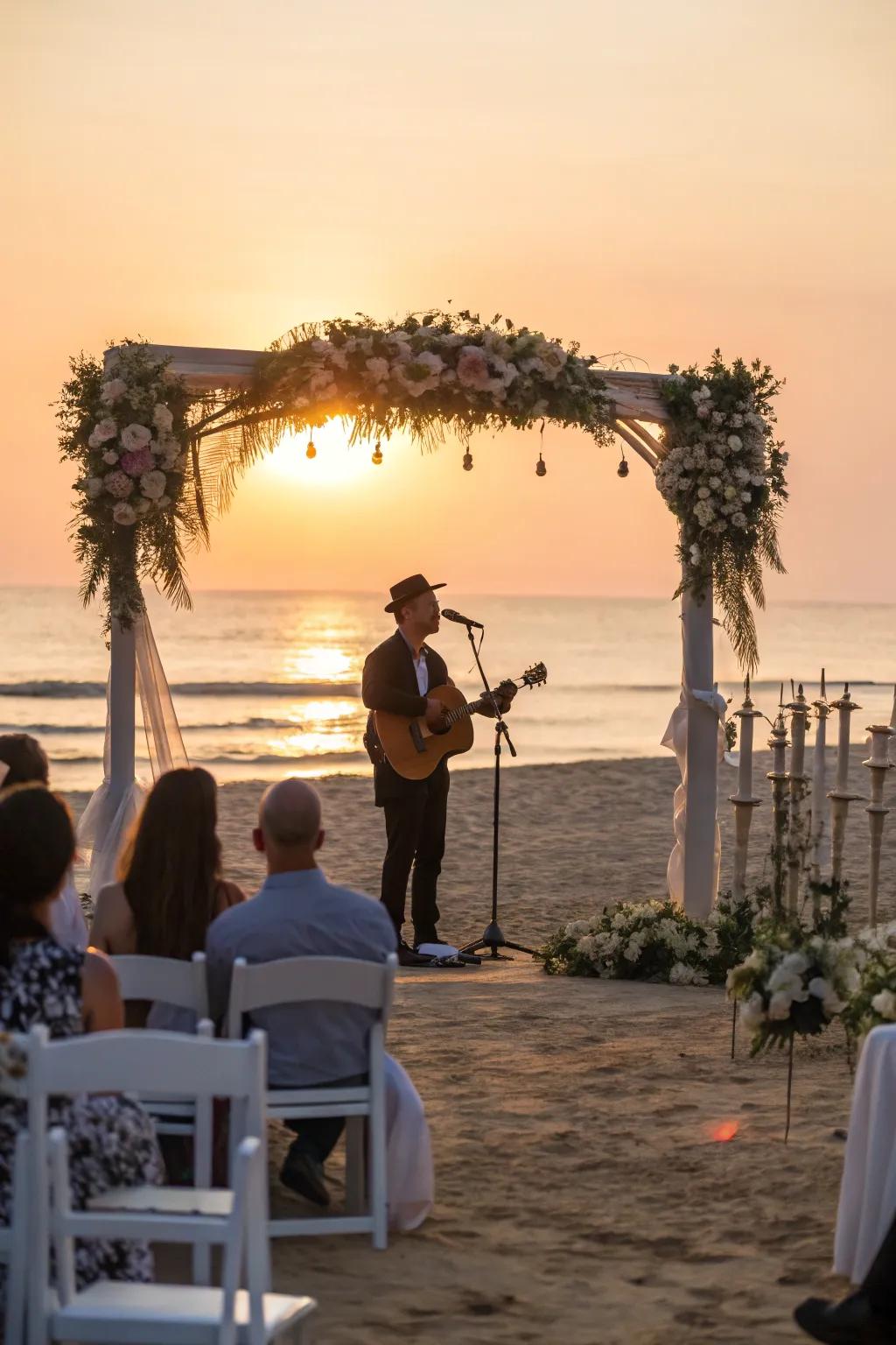 A guitarist delivering live melodies at a sundown wedding.