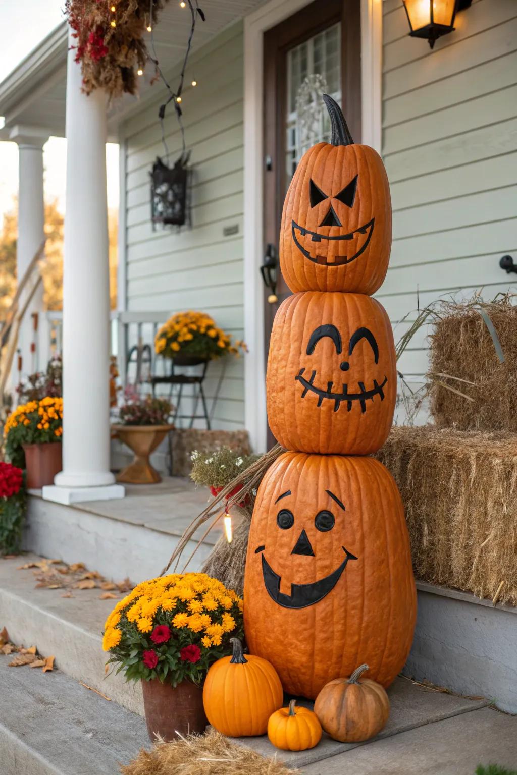 Showcase a range of emotions with a trio of expressive faces on one pumpkin.