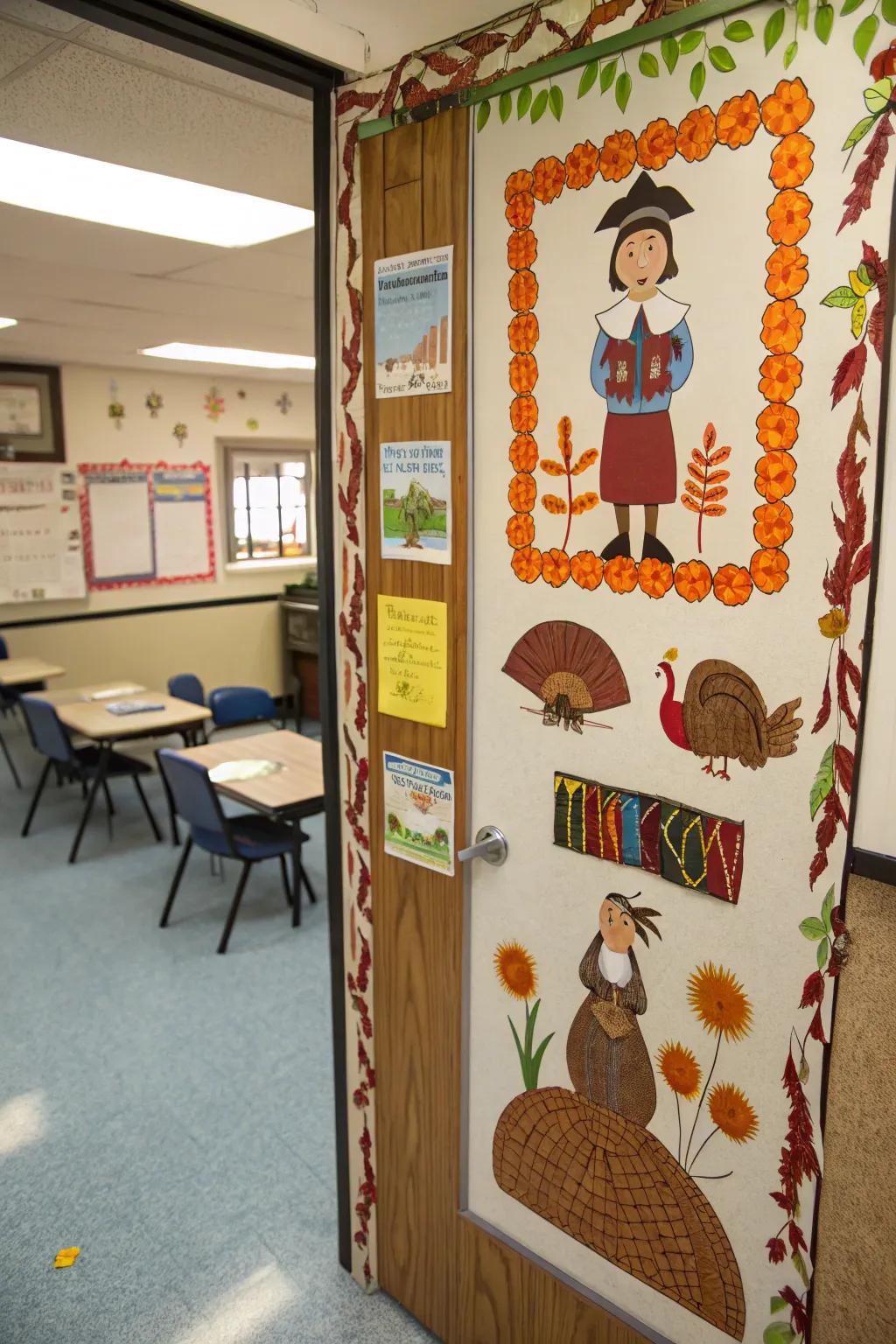 A historical Thanksgiving door display, creatively blending learning and art.