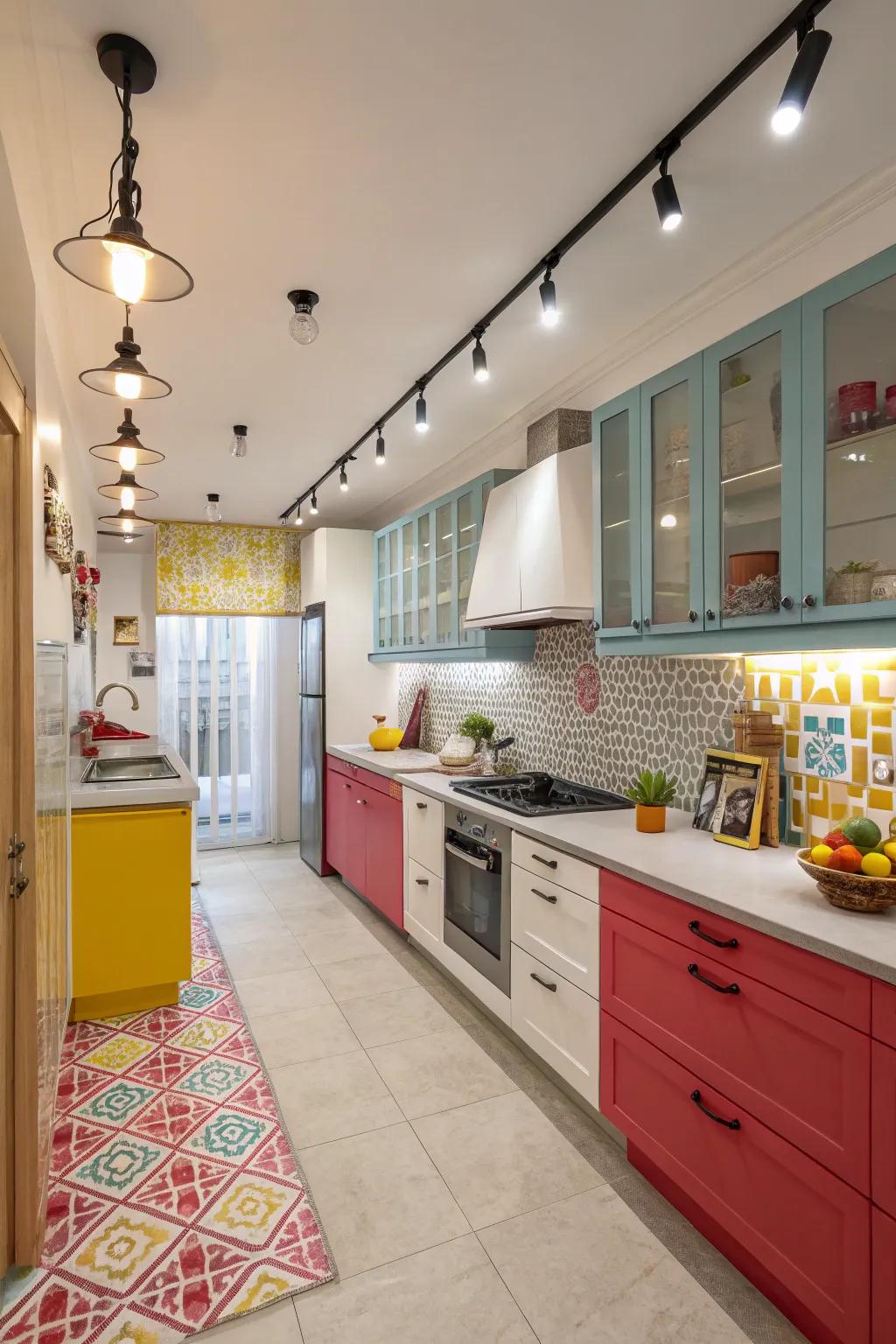 Accent colors with track lighting adding vibrancy to a kitchen