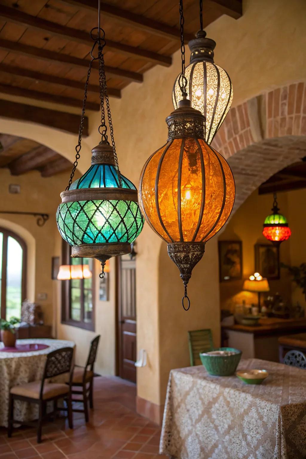 Colorful glass fixtures enliven Tuscan decor.